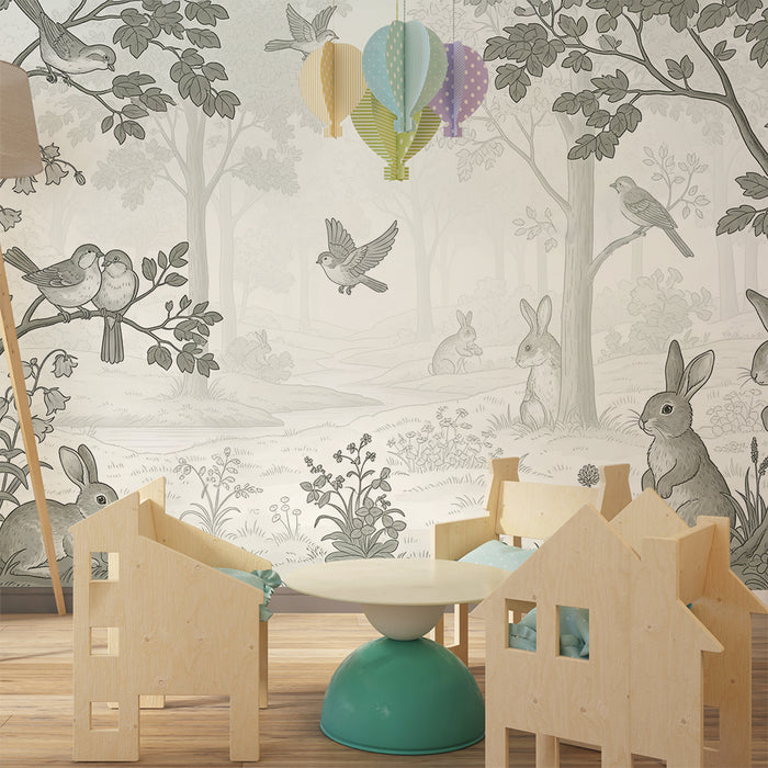 **Tapet cameră bebeluș | Scenă liniștită cu iepurași și păsărele în pădure**