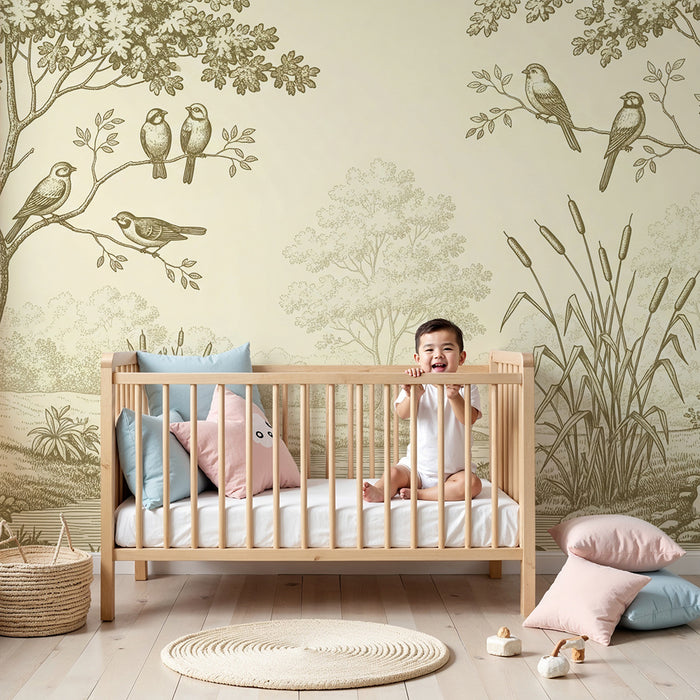 Papier peint chambre bébé | Scène paisible de nature avec oiseaux et ruisseau