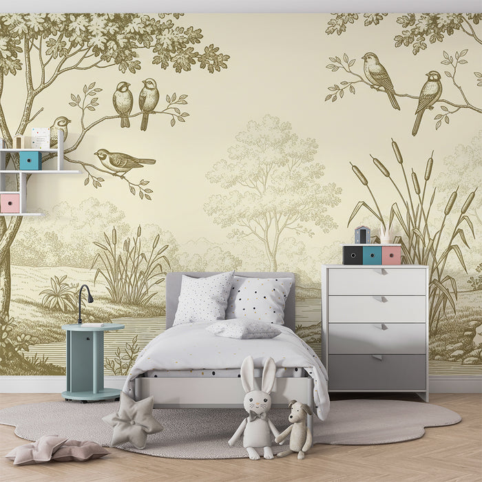 Papier peint chambre bébé | Scène paisible de nature avec oiseaux et ruisseau