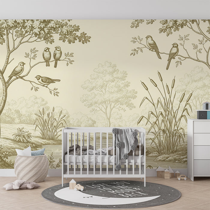 Papier peint chambre bébé | Scène paisible de nature avec oiseaux et ruisseau