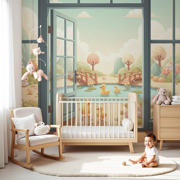 Papier peint chambre bébé | Scène printanière avec canards et animaux mignons