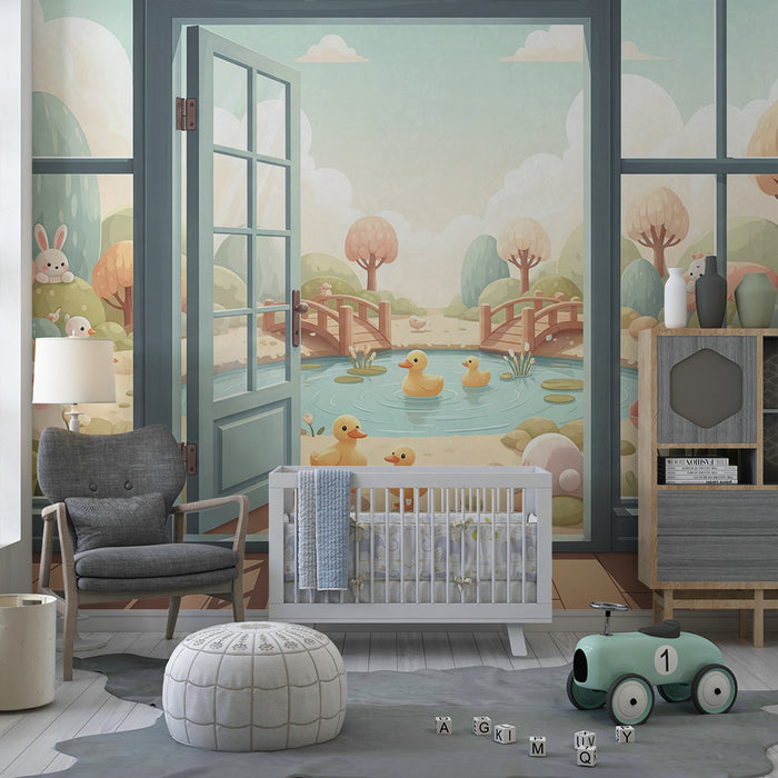 Papier peint chambre bébé | Scène printanière avec canards et animaux mignons