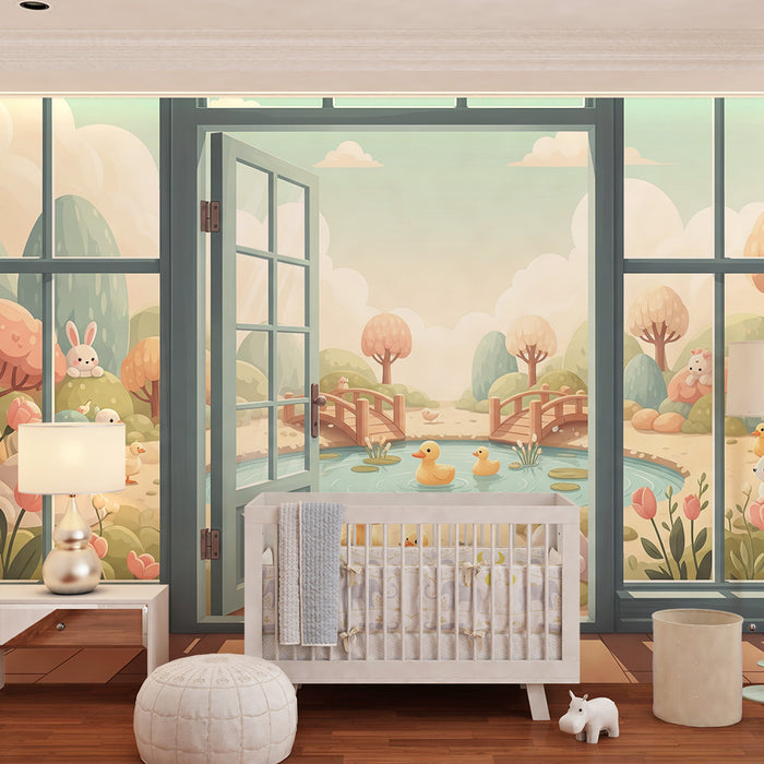 Papier peint chambre bébé | Scène printanière avec canards et animaux mignons