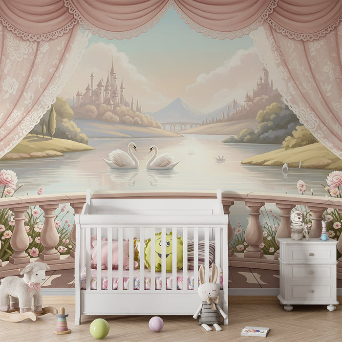 Papier peint chambre bébé | Scène romantique avec cygnes et paysages enchanteurs
