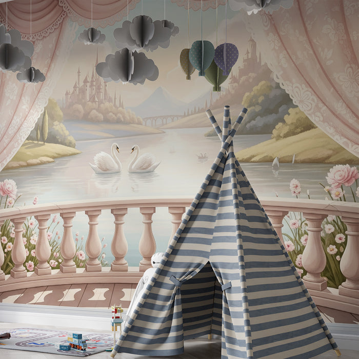 Papier peint chambre bébé | Scène romantique avec cygnes et paysages enchanteurs