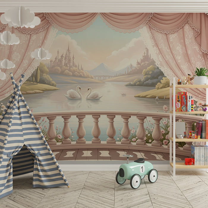 Papier peint chambre bébé | Scène romantique avec cygnes et paysages enchanteurs