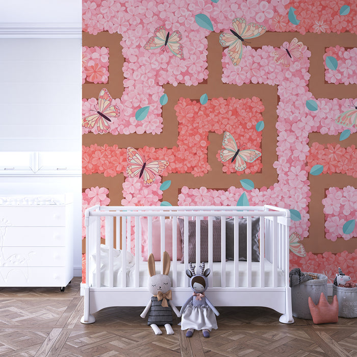 Børneværelse tapet | Blomstersti med farverige sommerfugle