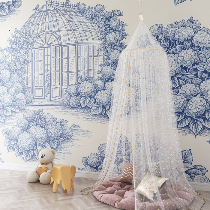 Carta da parati per cameretta | Serra fiorita con ortensie blu