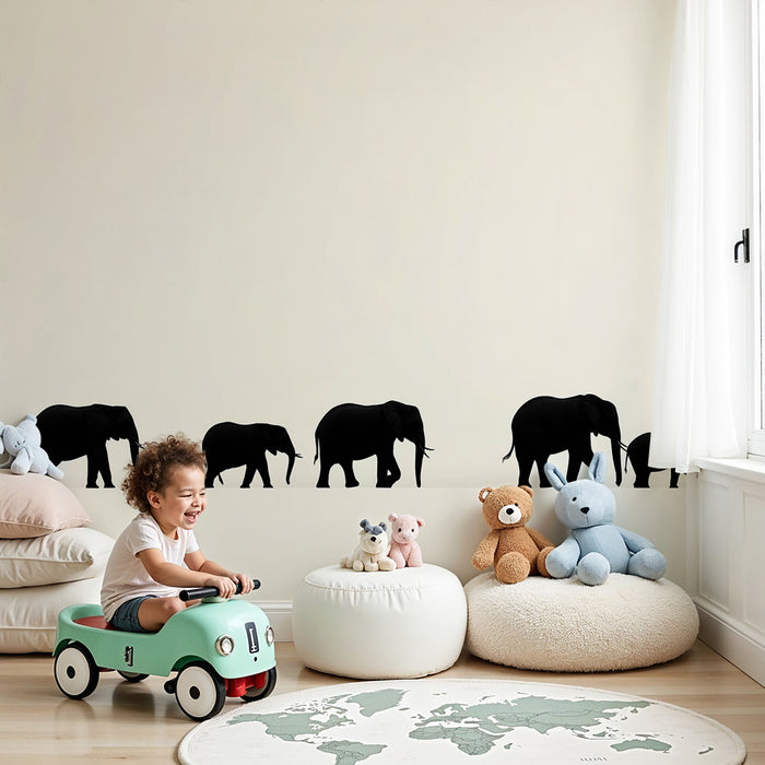 Papel de parede quarto bebê | Silhuetas de elefantes caminhando em um fundo suave