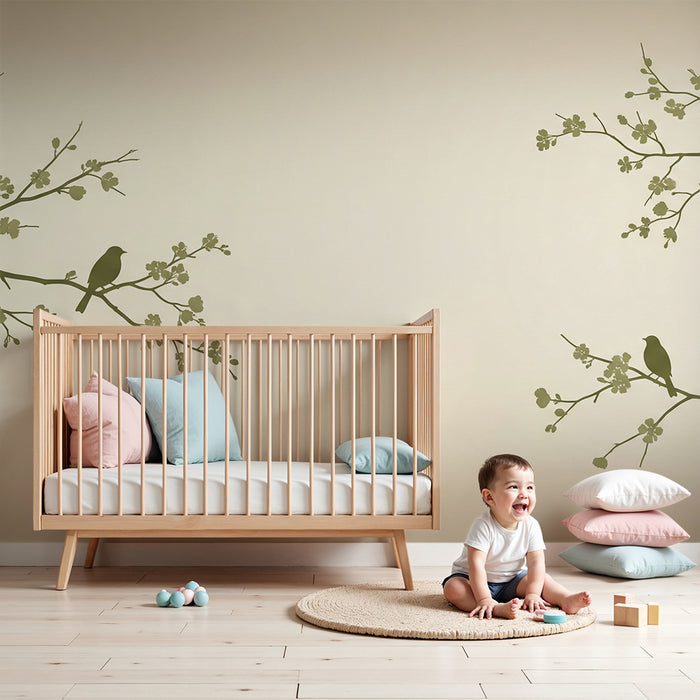 Tapete Babyzimmer | Silhouetten von Vögeln auf blühenden Zweigen