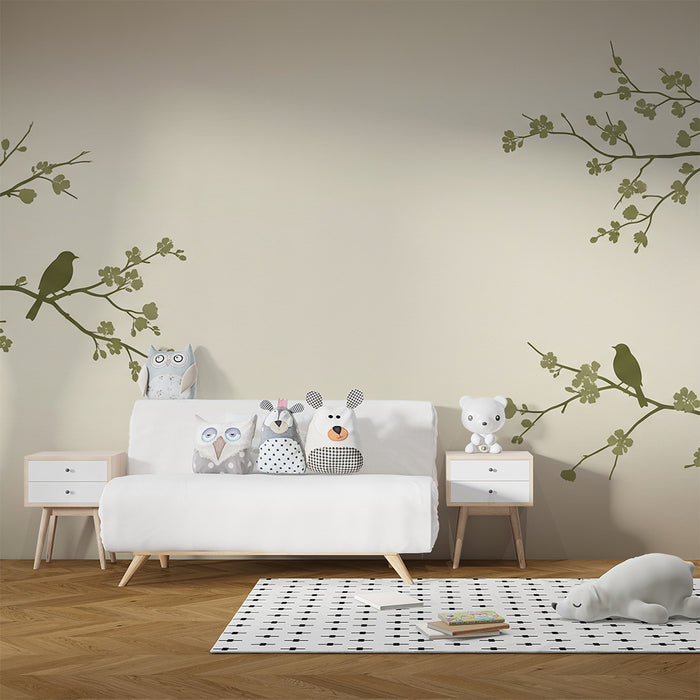 Tapete Babyzimmer | Silhouetten von Vögeln auf blühenden Zweigen