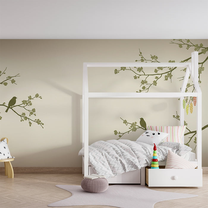 Tapete Babyzimmer | Silhouetten von Vögeln auf blühenden Zweigen