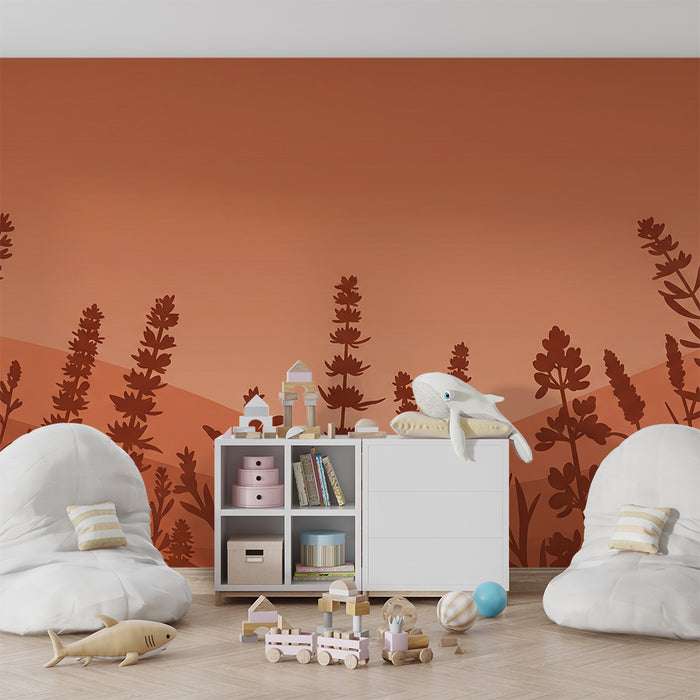 Papel de parede quarto bebê | Silhuetas de flores em fundo terracota