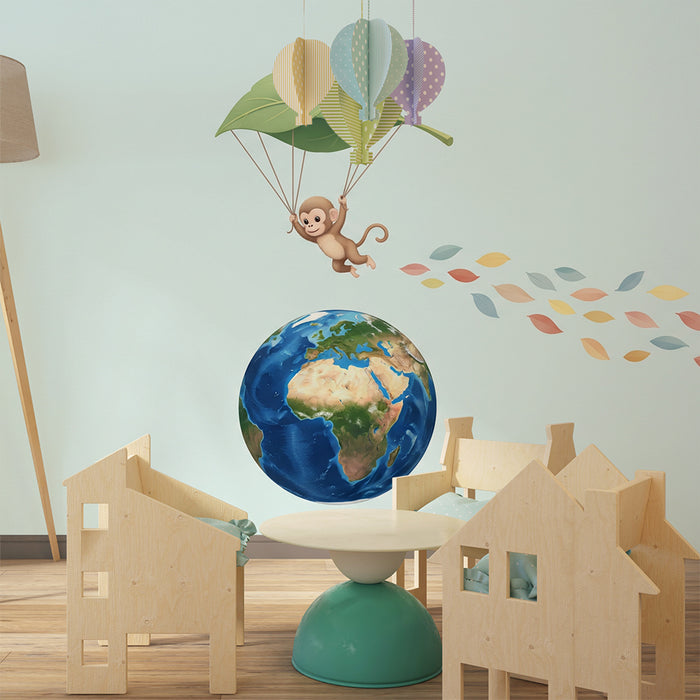 Nursery room wallpaper | Adventurous monkey with parachute and globe