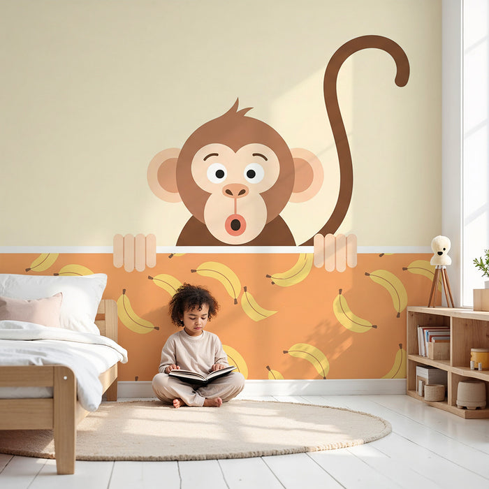 Papel de parede para quarto de bebé | Macaco curioso e bananas divertidas
