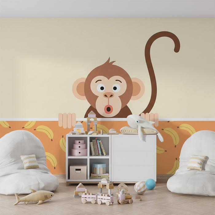 Papel de parede para quarto de bebé | Macaco curioso e bananas divertidas