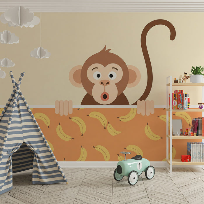 Papel de parede para quarto de bebé | Macaco curioso e bananas divertidas