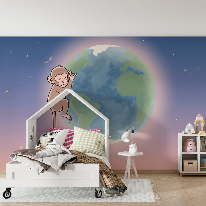 Nursery room wallpaper | Álmos majom a Földön alvó csillagos ég alatt