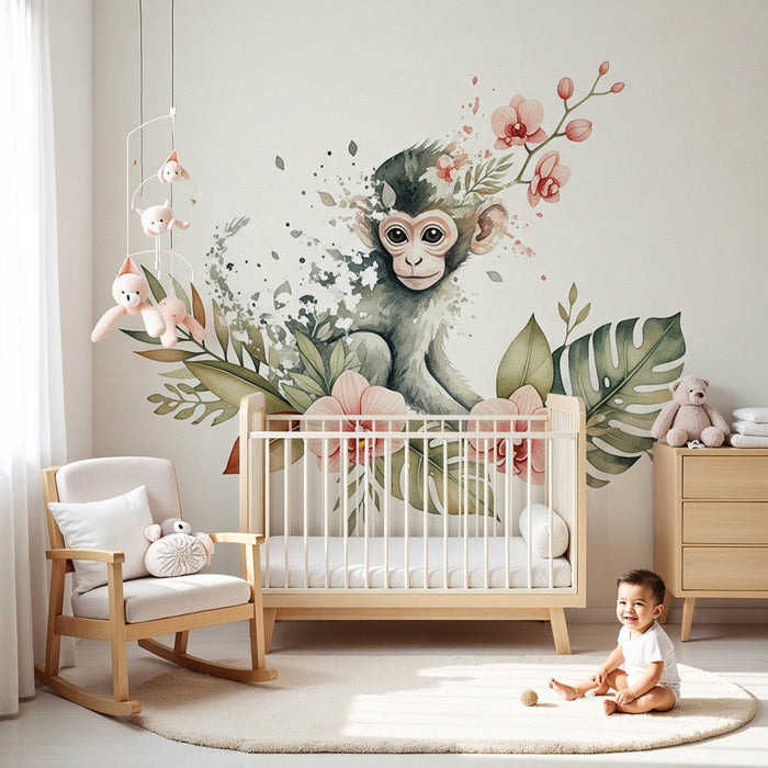 Papier peint chambre bébé | Singe espiègle au milieu de fleurs et de feuillages tropicaux
