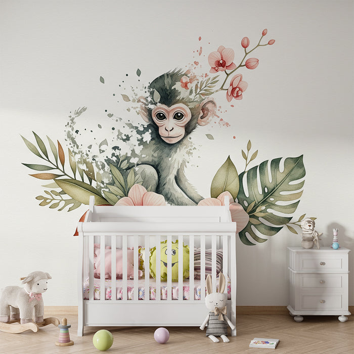 Papier peint chambre bébé | Singe espiègle au milieu de fleurs et de feuillages tropicaux