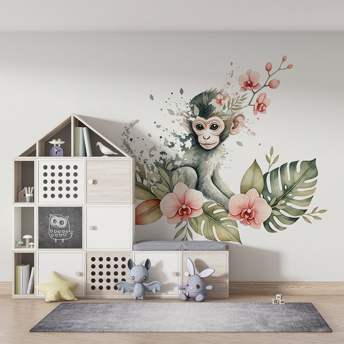 Papier peint chambre bébé | Singe espiègle au milieu de fleurs et de feuillages tropicaux