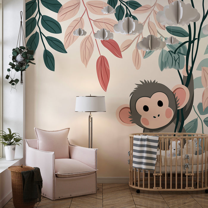 Papel de parede quarto bebê | Hravý opice a padající barevné listy