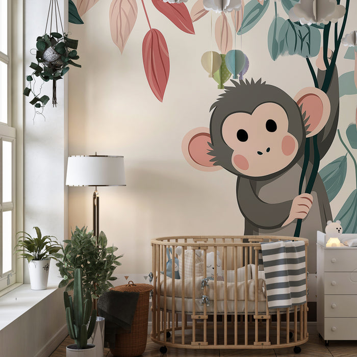 Papel de parede quarto bebê | Hravý opice a padající barevné listy