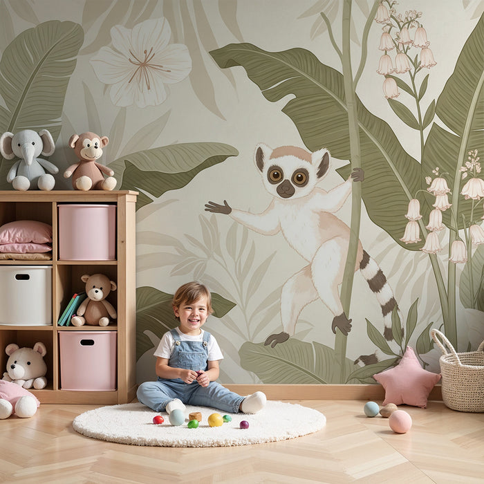 Papier peint chambre bébé | Singe espiègle et fleurs tropicales dans un décor verdoyant