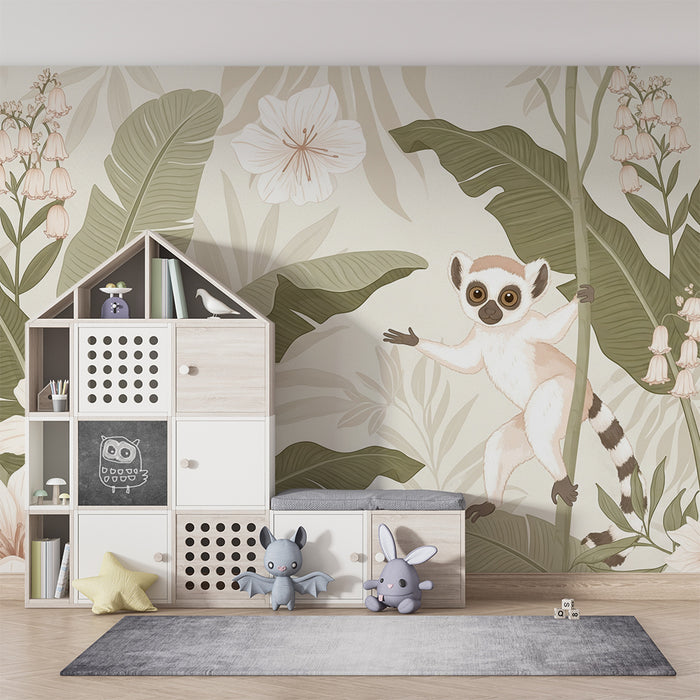 Papier peint chambre bébé | Singe espiègle et fleurs tropicales dans un décor verdoyant