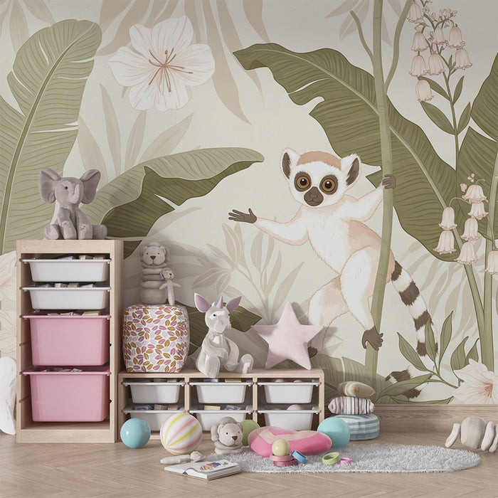 Papier peint chambre bébé | Singe espiègle et fleurs tropicales dans un décor verdoyant