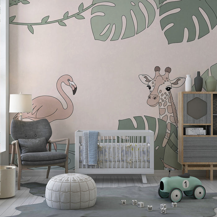 Papel de parede quarto bebê | Ατραπός παιχνιδιάρικος ροζ φλαμίνγκο και καμήλα σε τροπικό διακόσμηση