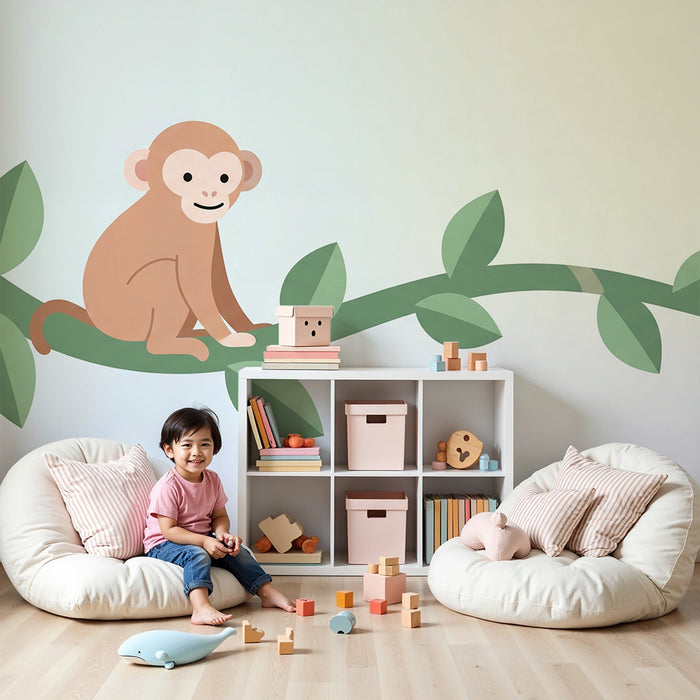 Papier peint chambre bébé | Singe espiègle sur une branche avec feuillage délicat