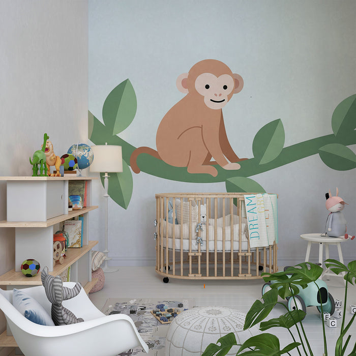 Papier peint chambre bébé | Singe espiègle sur une branche avec feuillage délicat