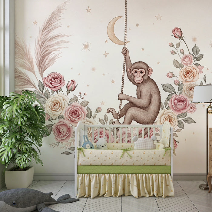 Tapet barnerom | Leken ape hengende blant delikate roser