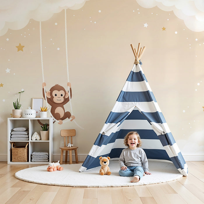 Papier peint chambre bébé | Singe joyeux sur une balançoire parmi les nuages