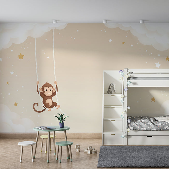 Papier peint chambre bébé | Singe joyeux sur une balançoire parmi les nuages