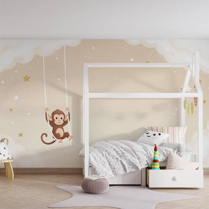 Papier peint chambre bébé | Singe joyeux sur une balançoire parmi les nuages