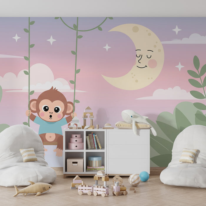 Babyzimmer Tapete | Fröhlicher Affe auf einer Schaukel unter dem Mond