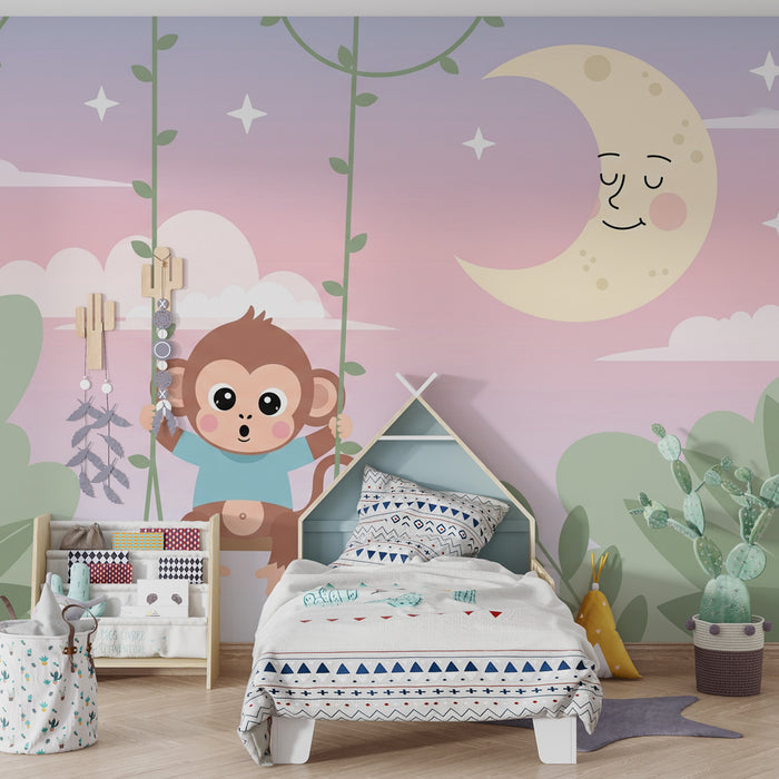 Babyzimmer Tapete | Fröhlicher Affe auf einer Schaukel unter dem Mond