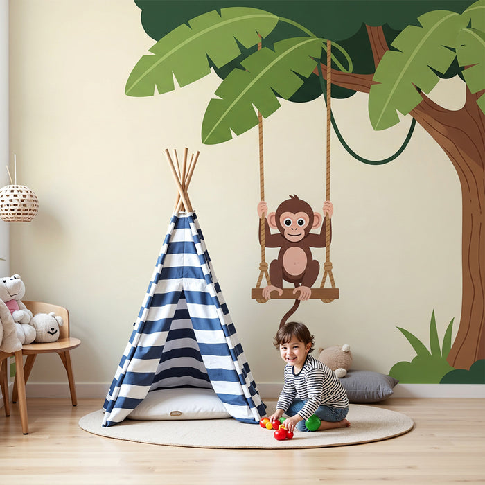 Papel de parede para quarto de bebé | Macaco feliz num baloiço debaixo de uma árvore tropical