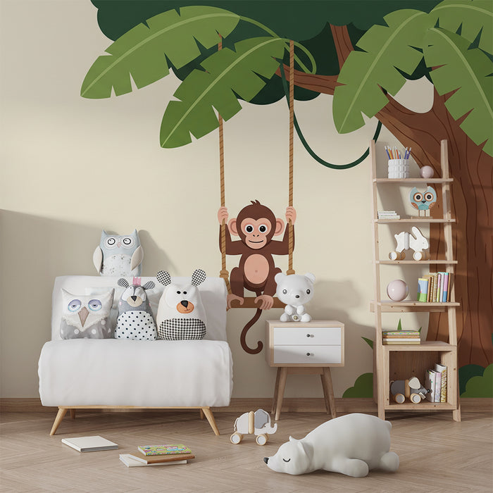 Papel de parede para quarto de bebé | Macaco feliz num baloiço debaixo de uma árvore tropical