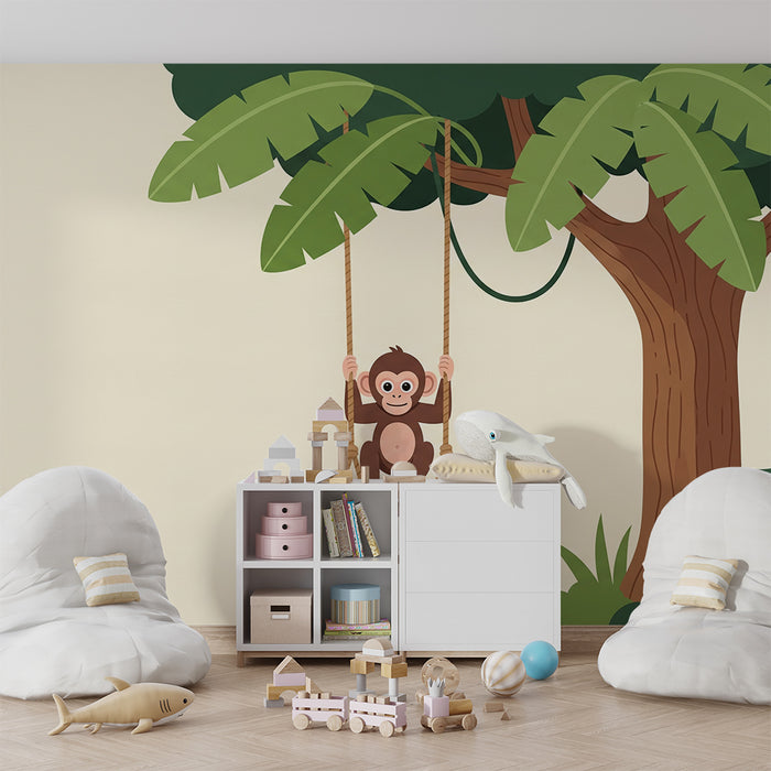 Papel de parede para quarto de bebé | Macaco feliz num baloiço debaixo de uma árvore tropical