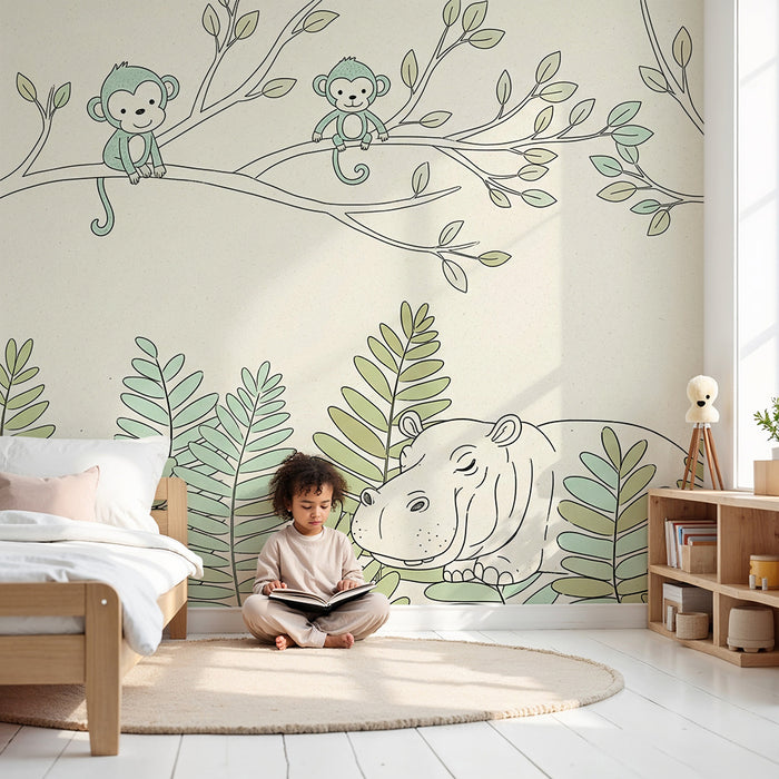 Papel de parede para quarto de bebé | Macacos brincalhões e hipopótamo tranquilo numa selva suave