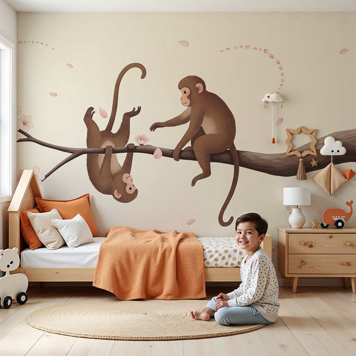 Papier peint chambre bébé | Singes espiègles sur une branche fleuri de cerisier