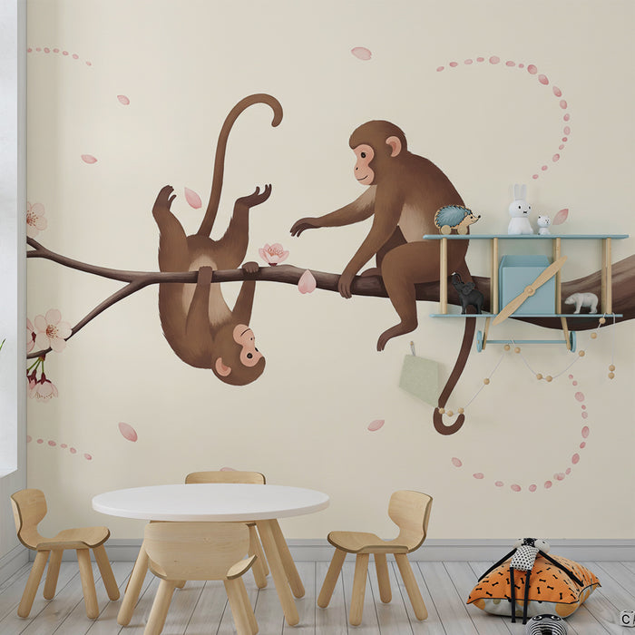 Papier peint chambre bébé | Singes espiègles sur une branche fleuri de cerisier