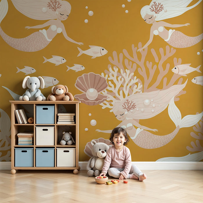 Papier peint chambre bébé | Sirènes et coraux dans un océan doré