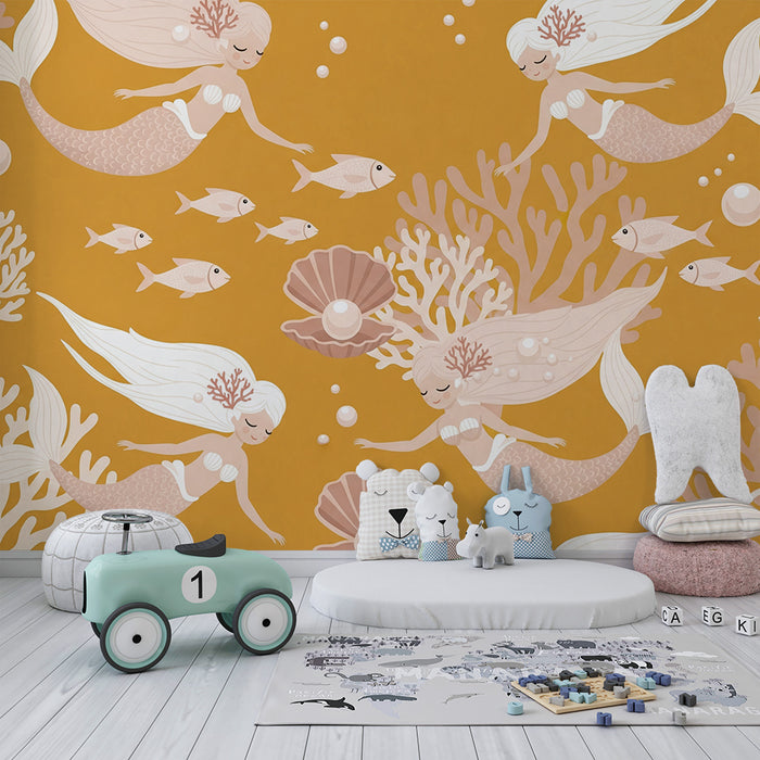 Papier peint chambre bébé | Sirènes et coraux dans un océan doré