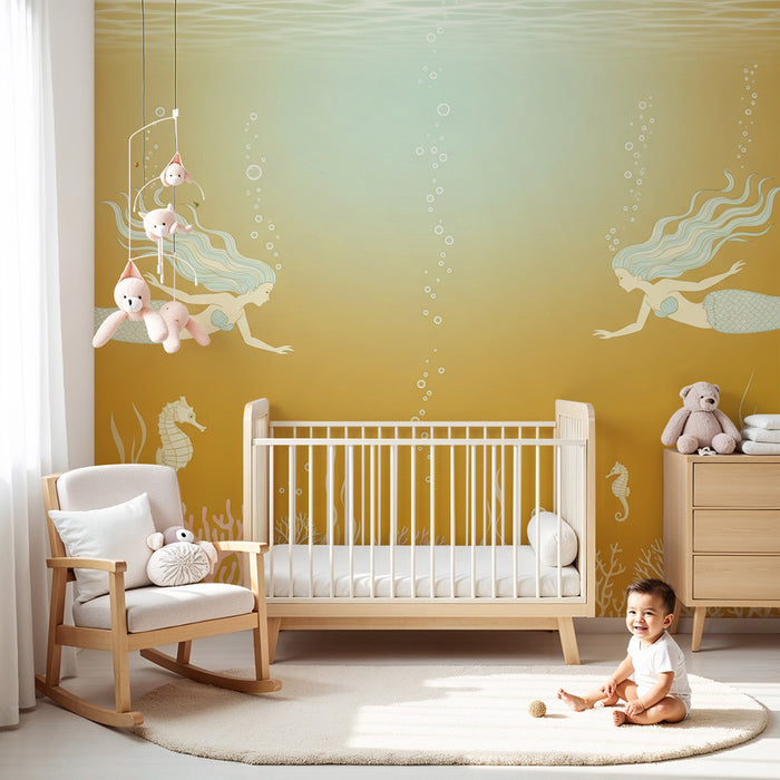 Papier peint chambre bébé | Sirènes et hippocampes dans un monde sous-marin doré