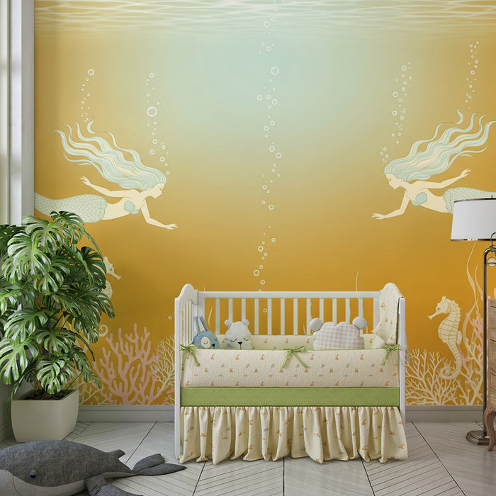 Papier peint chambre bébé | Sirènes et hippocampes dans un monde sous-marin doré