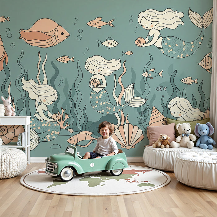 Papier peint chambre bébé | Sirènes et poissons dans un monde sous-marin apaisant